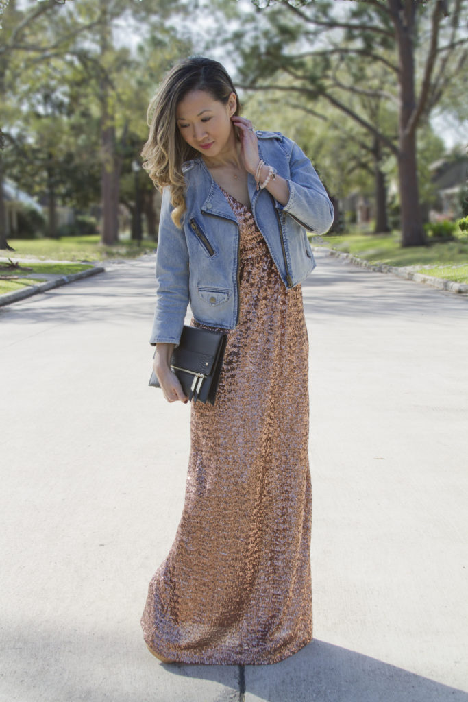 sequin dress with denim jacket